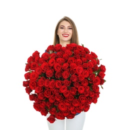 Beautiful young woman with bouquet of roses on white background