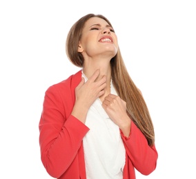 Photo of Young woman scratching neck on white background. Annoying itch