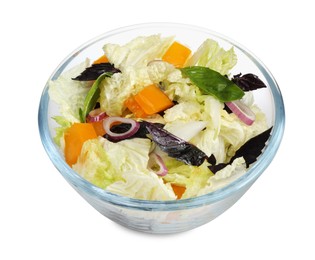 Delicious salad with Chinese cabbage, tomato and basil isolated on white