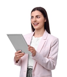 Photo of Beautiful businesswoman with tablet on white background