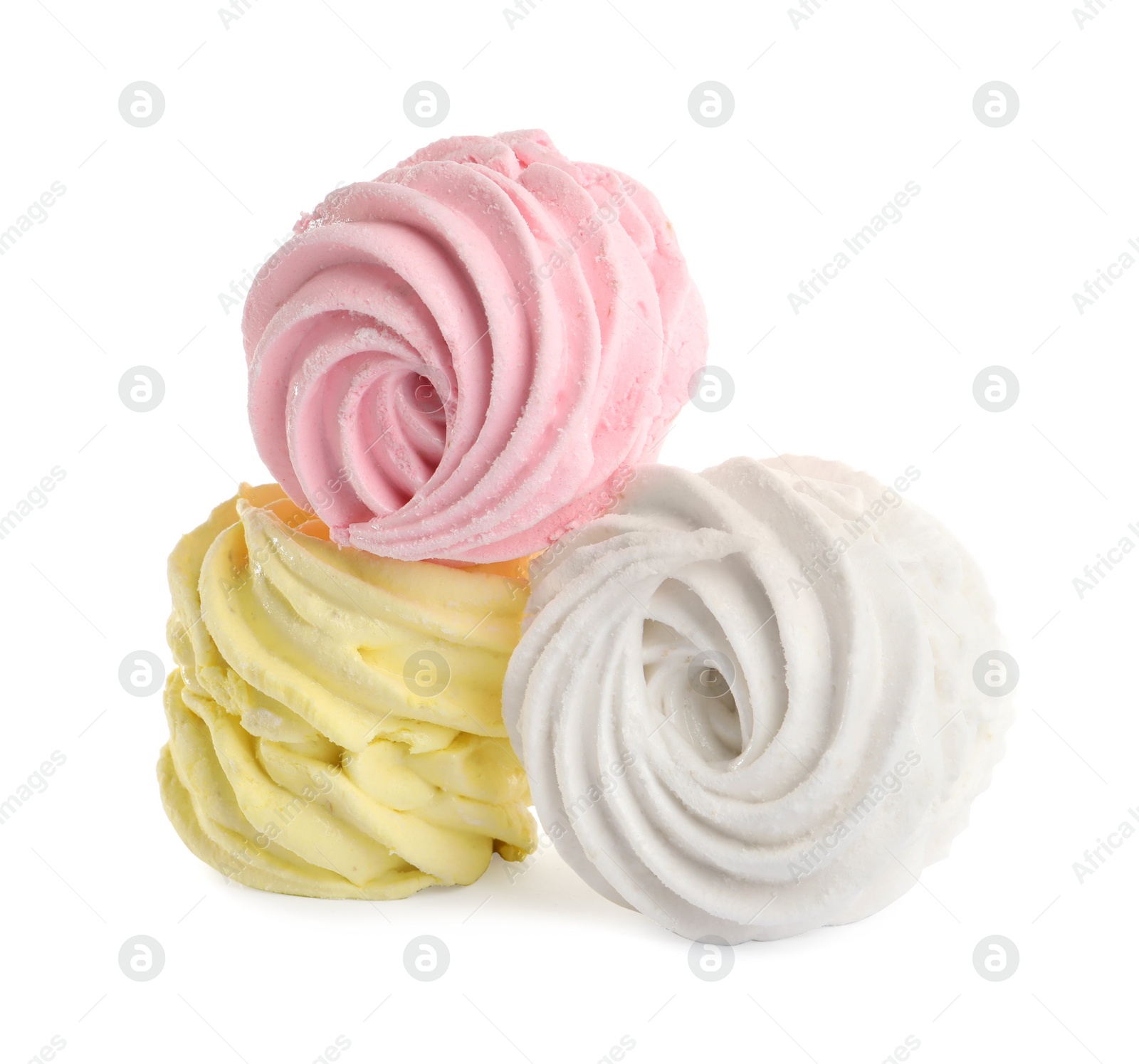 Photo of Many different delicious zephyrs on white background