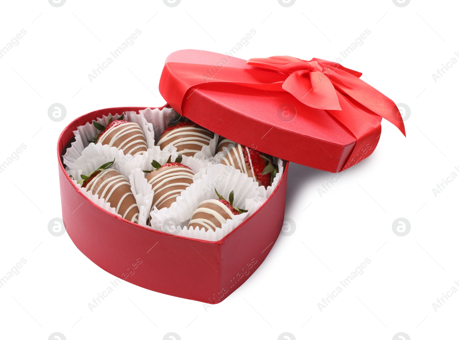 Photo of Heart shaped box with delicious chocolate covered strawberries isolated on white