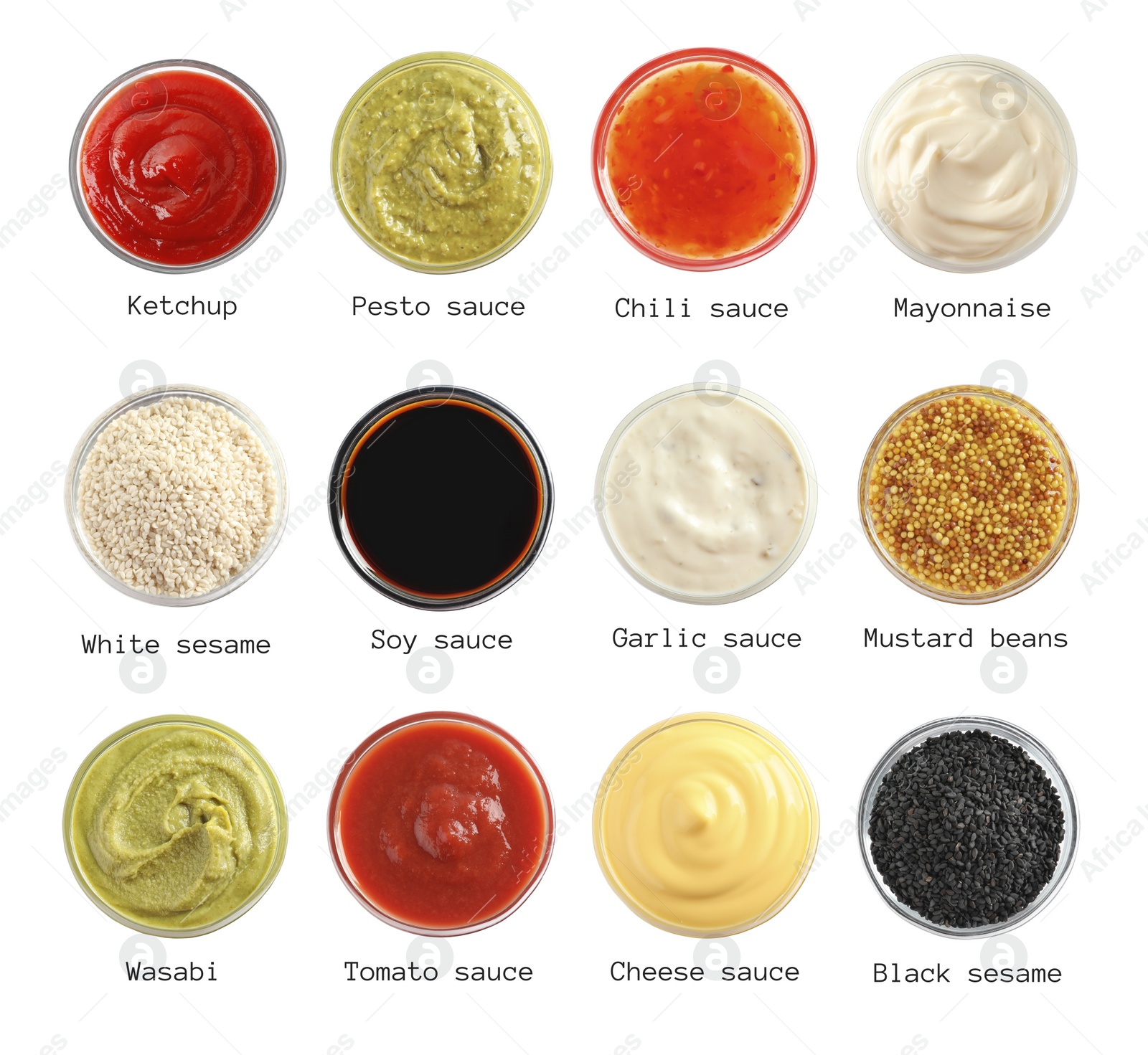 Image of Set of different delicious sauces and condiments with names on white background, top view