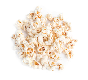 Photo of Tasty fresh pop corn isolated on white, top view