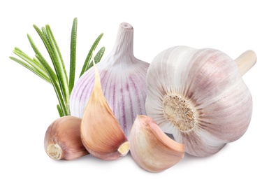 Image of Fresh garlic with rosemary on white background