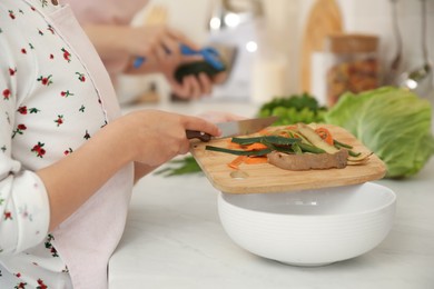 Photo of Little girl with cutting board and knife scraping vegetable peels into bowl on kitchen counter, closeup
