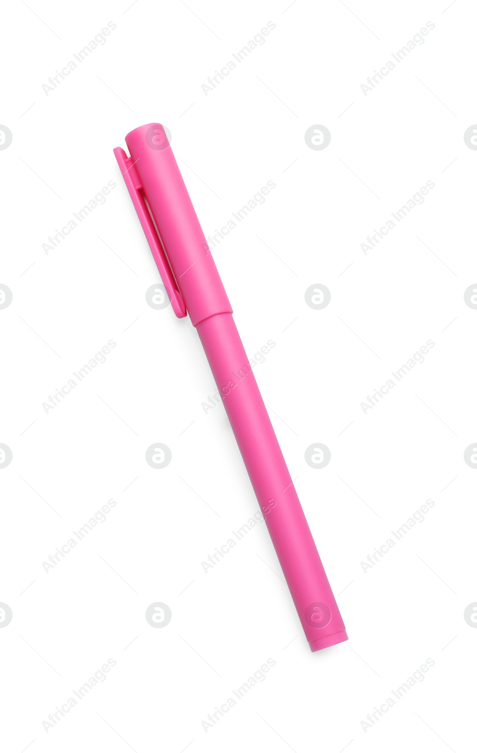 Photo of One pink marker on white background, top view