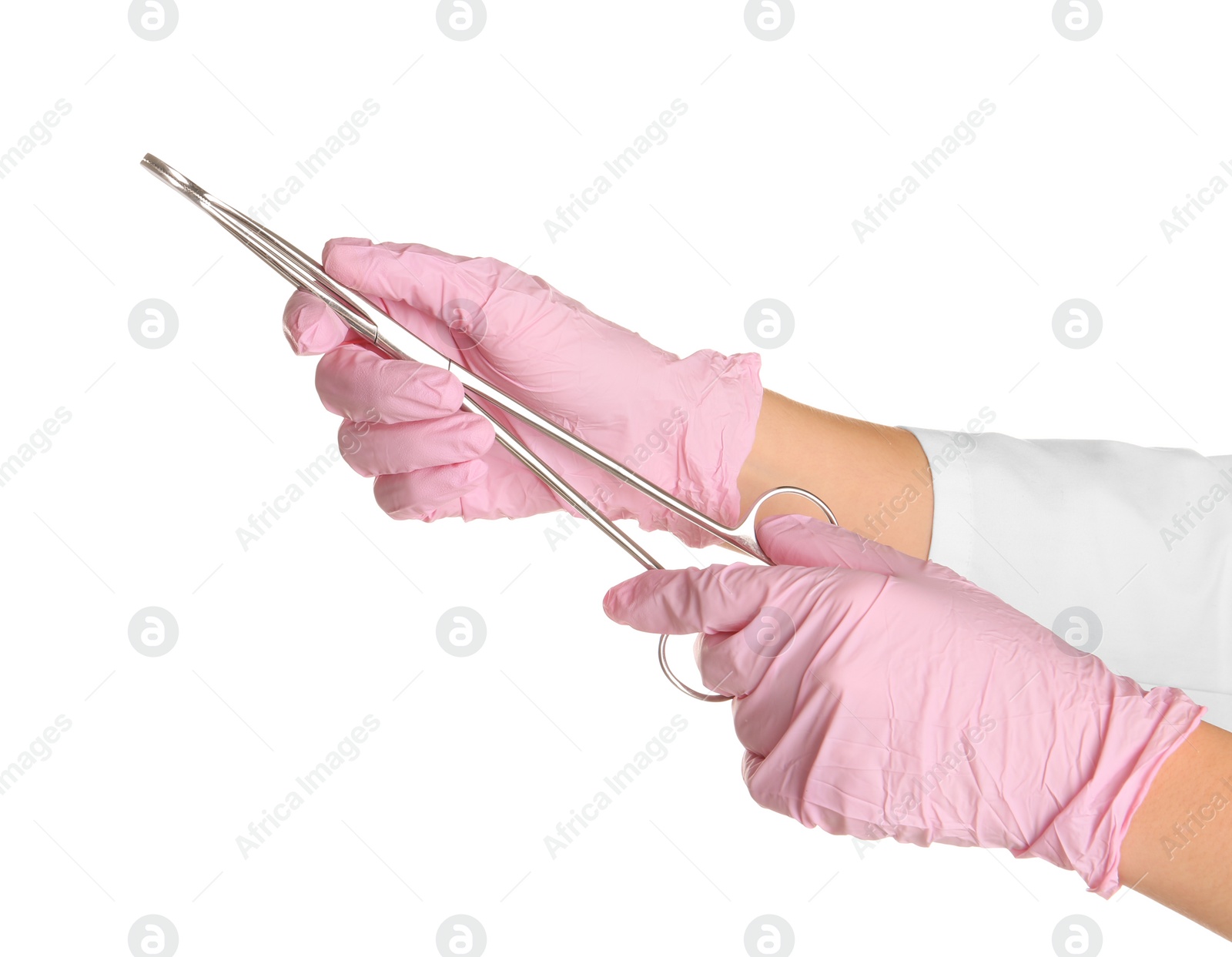 Photo of Doctor in sterile gloves with medical forceps on white background