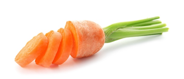 Photo of Ripe sliced carrot on white background