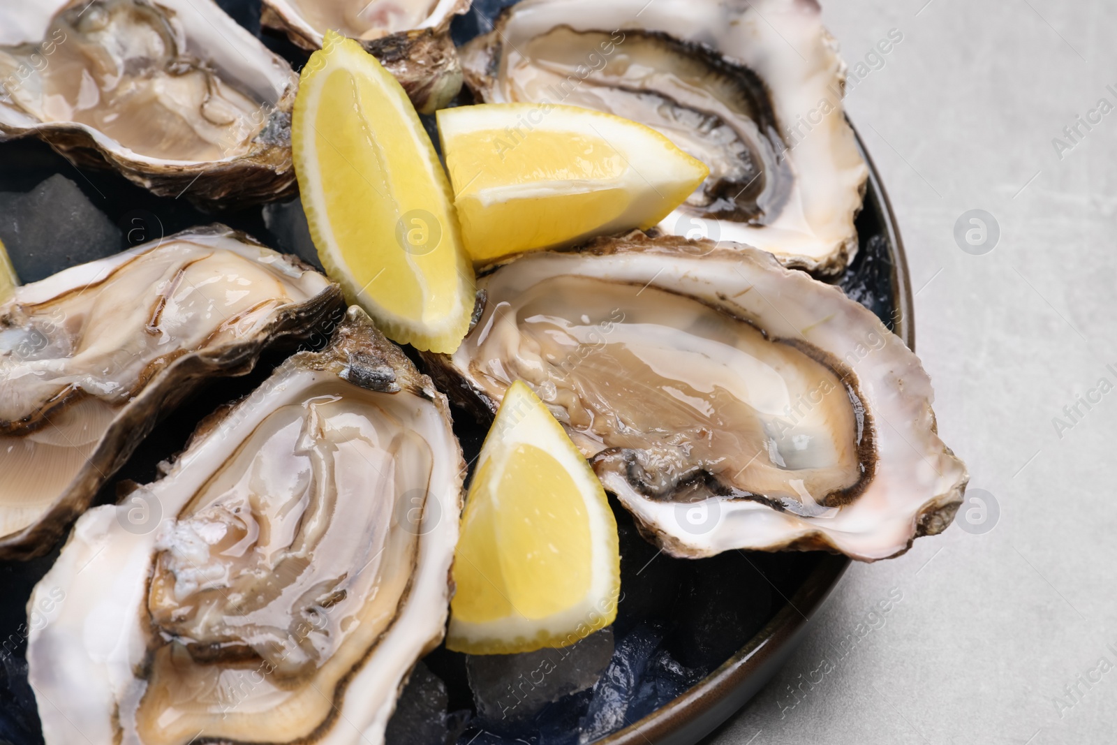 Photo of Delicious fresh oysters with lemon slices on light grey table, closeup