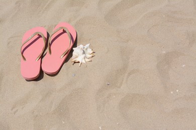 Stylish pink flip flops and seashell on sandy beach, above view. Space for text