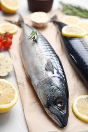 Photo of Tasty raw mackerel and ingredients on white textured table, closeup