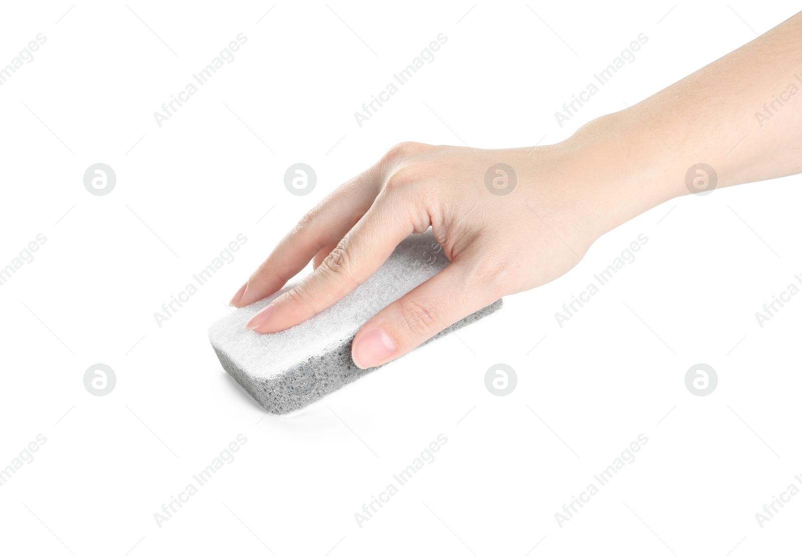 Photo of Woman with sponge on white background, closeup of hand