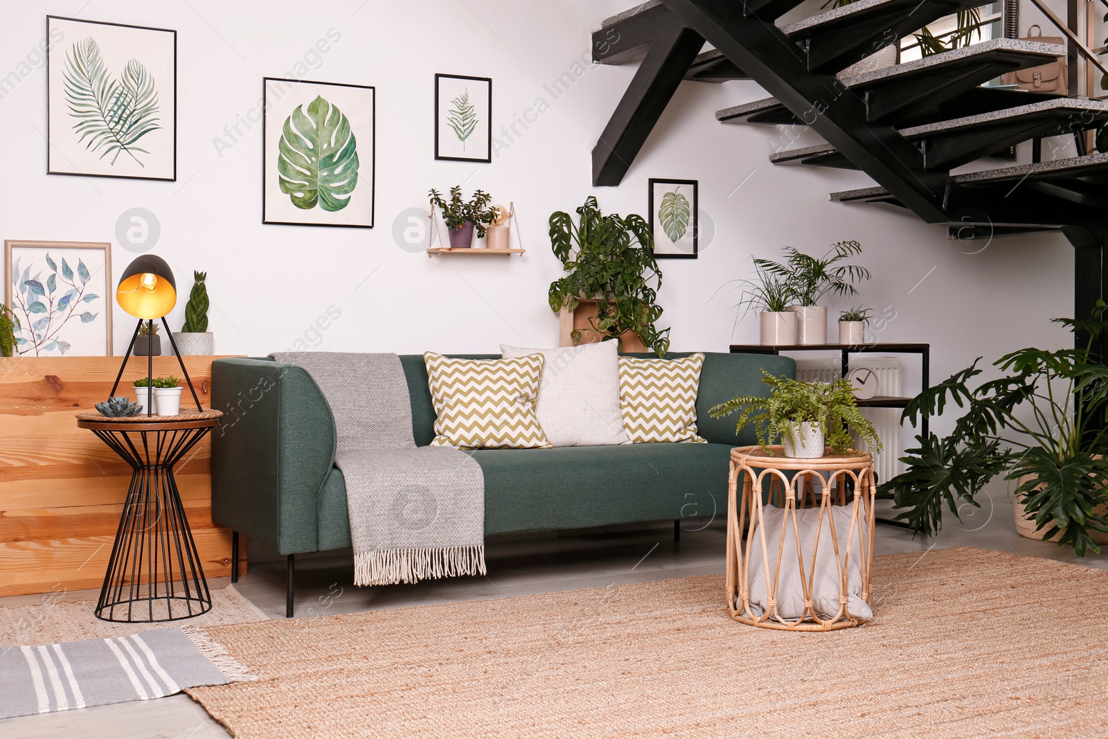 Photo of Stylish living room interior with comfortable sofa and green plants