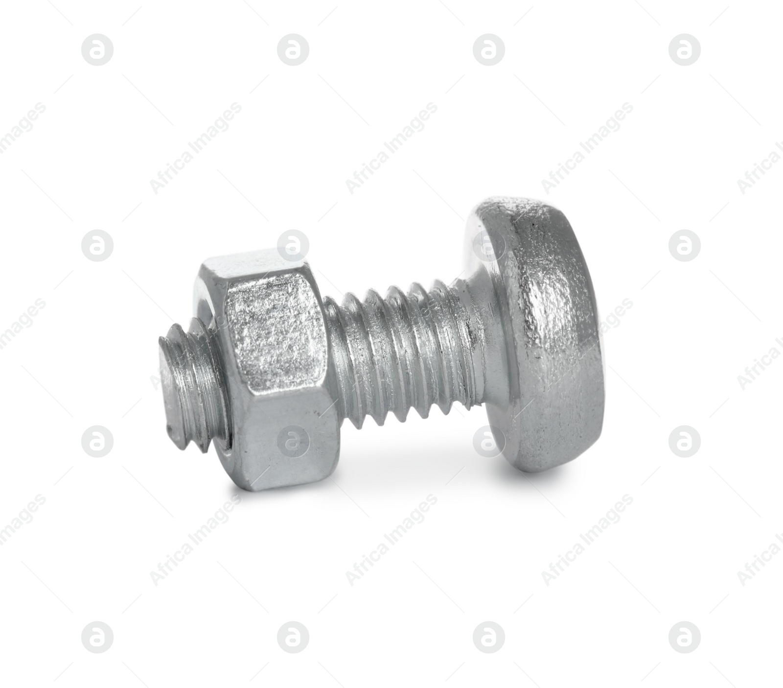 Photo of Small metal bolt with hex nut isolated on white