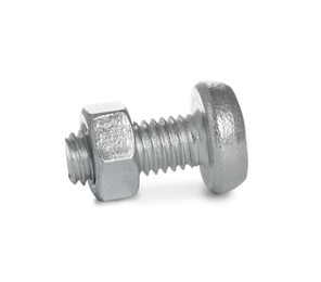 Small metal bolt with hex nut isolated on white