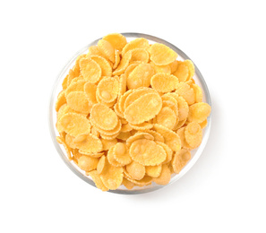 Bowl of tasty corn flakes on white background, top view