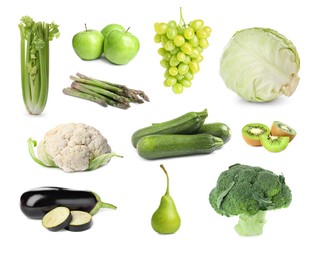 Image of Set with many different fruits and vegetables on white background