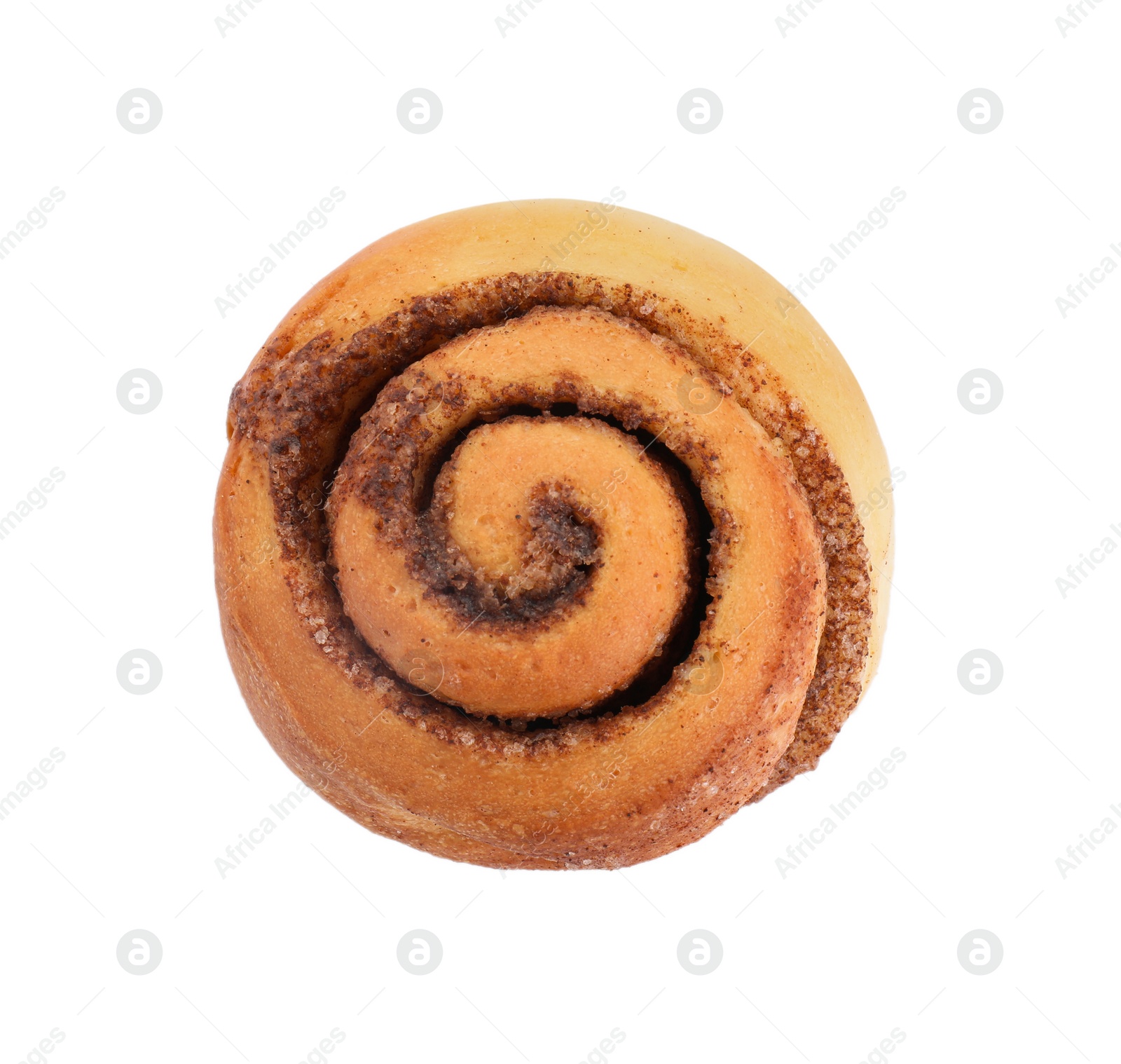 Photo of One tasty cinnamon roll isolated on white, top view