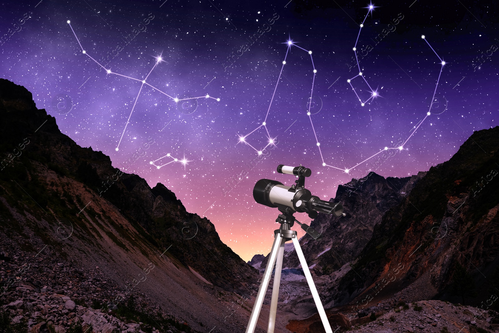 Image of Different constellations in starry sky over mountains at night. Stargazing with telescope