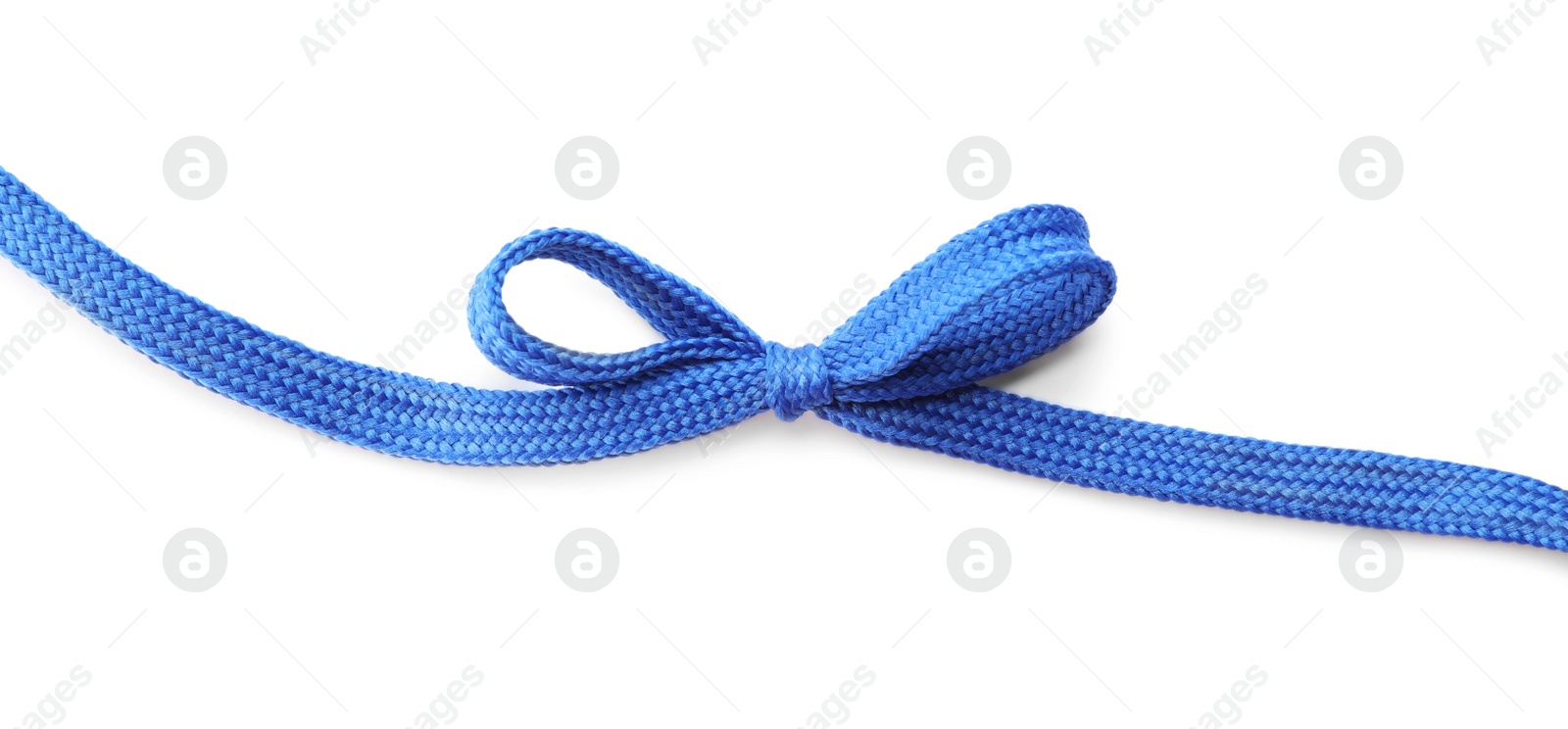 Photo of Blue shoe lace tied in bow isolated on white, top view