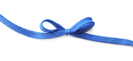 Photo of Blue shoe lace tied in bow isolated on white, top view