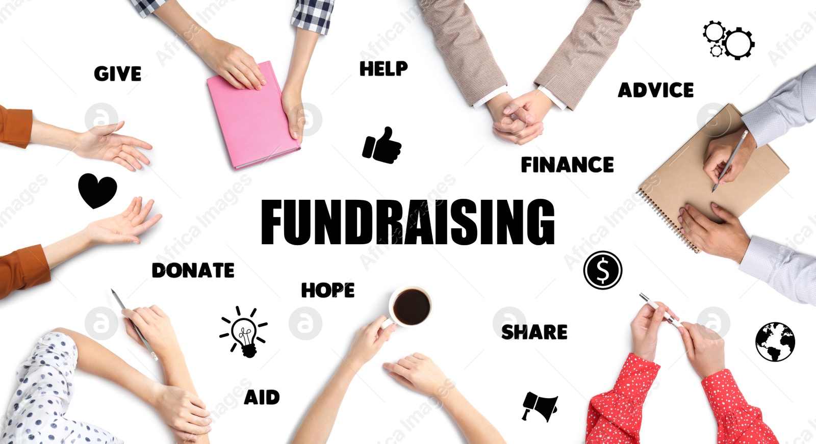 Image of Fundraising themed words and icons on white background, banner design. People working together, top view