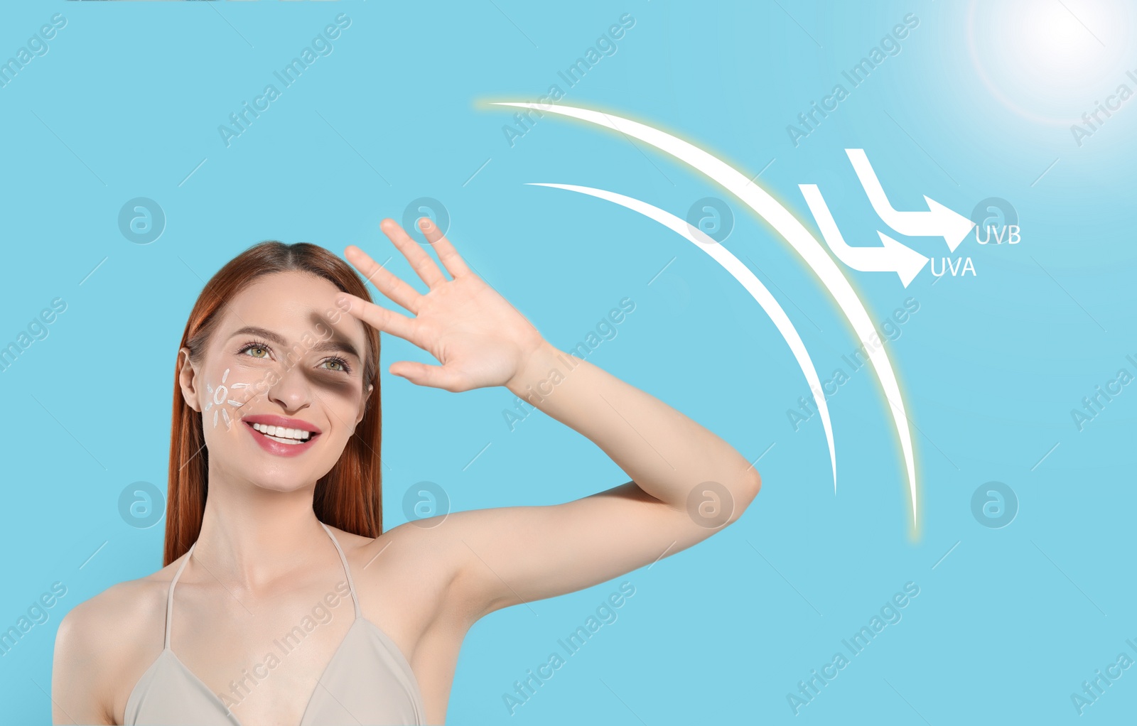 Image of Sun protection product as barrier against UVA and UVB. Beautiful young woman with sunscreen on face shading herself with hand against light blue background