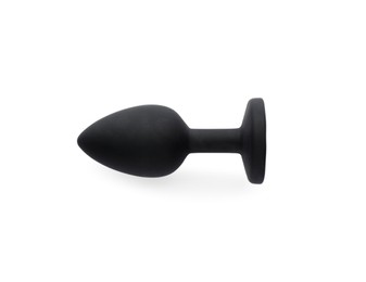 Photo of Black anal plug on white background, top view. Sex toy