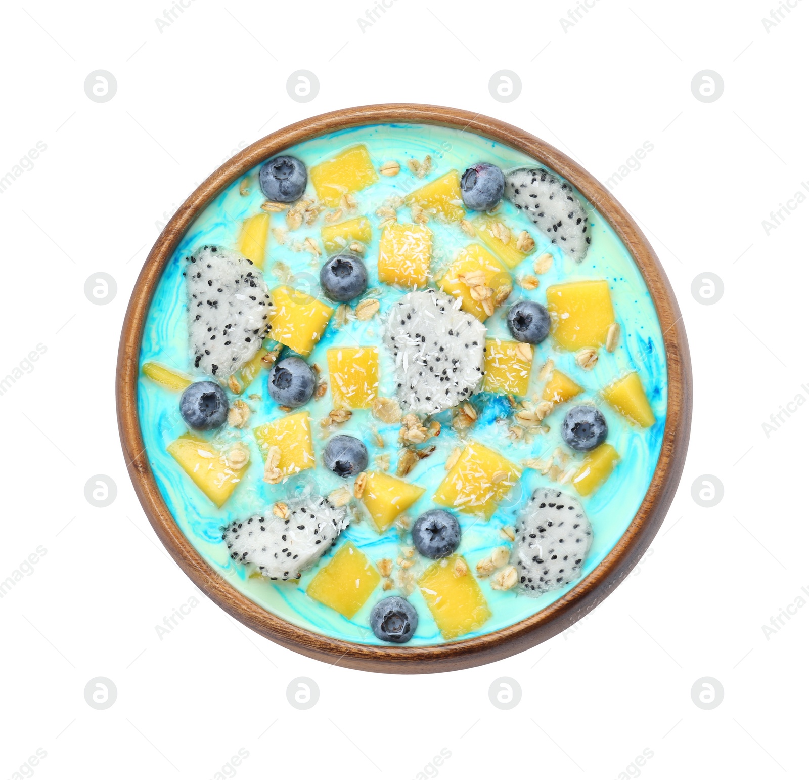 Photo of Delicious smoothie bowl with fresh fruits, blueberries and oatmeal isolated on white, top view