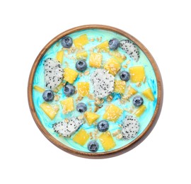 Delicious smoothie bowl with fresh fruits, blueberries and oatmeal isolated on white, top view