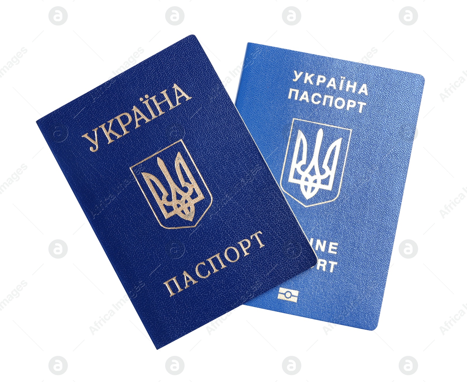 Photo of Ukrainian passports on white background, top view. International relationships