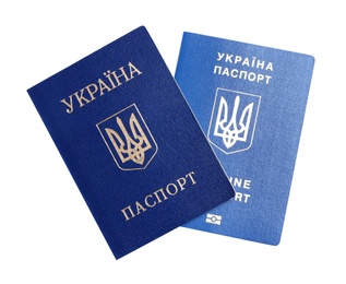 Ukrainian passports on white background, top view. International relationships