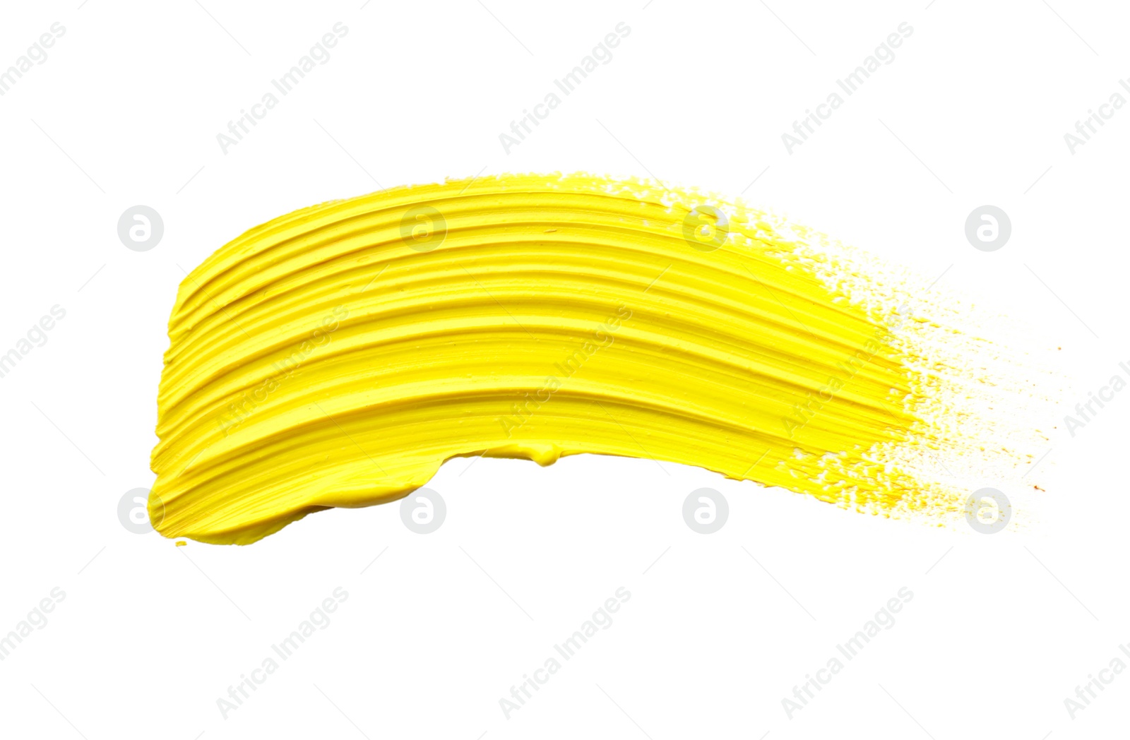 Photo of Yellow oil paint stroke on white background, top view