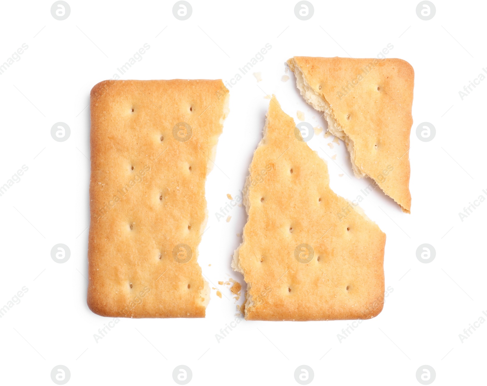 Photo of Crispy broken cracker isolated on white, top view