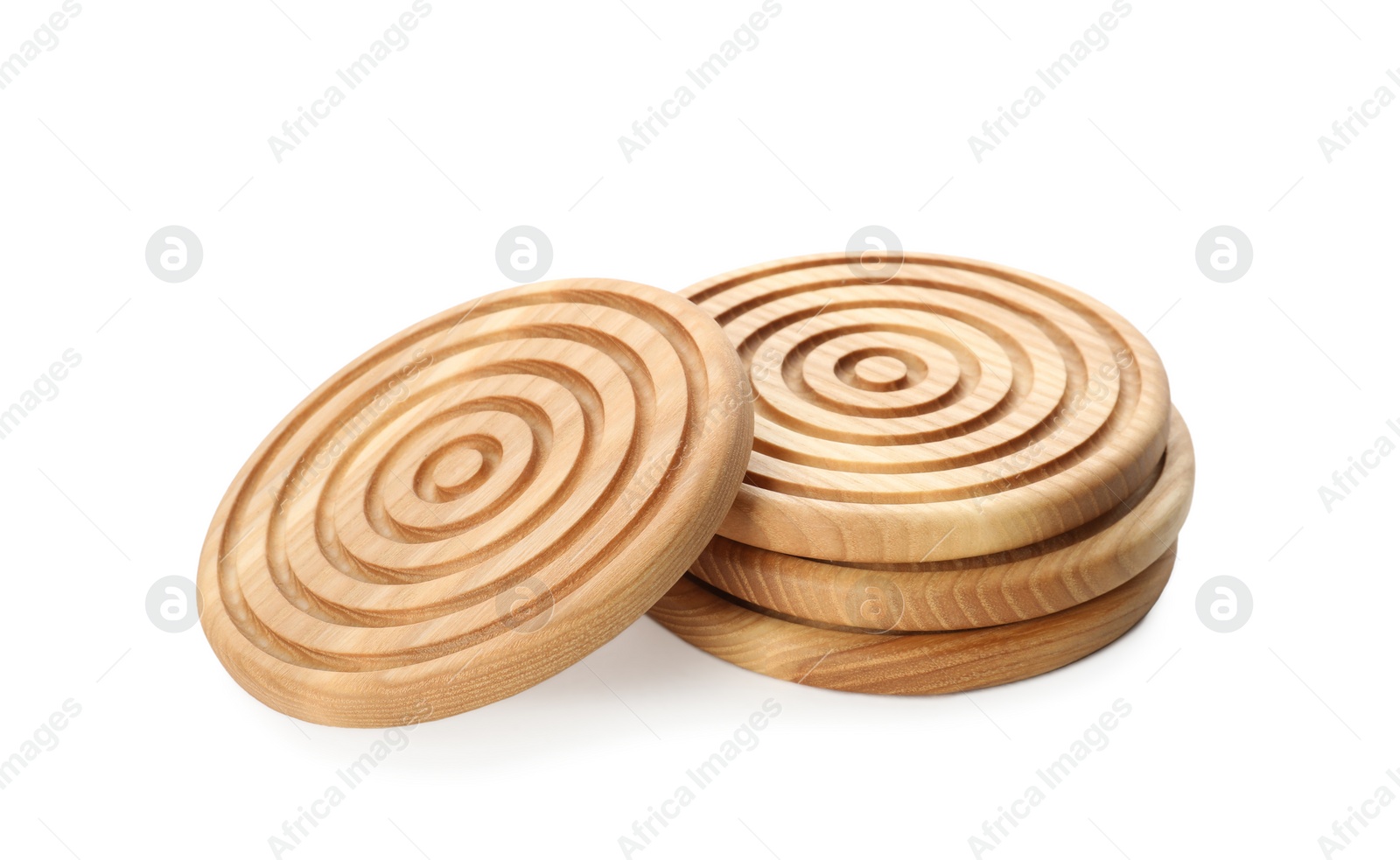 Photo of Stylish wooden cup coasters on white background