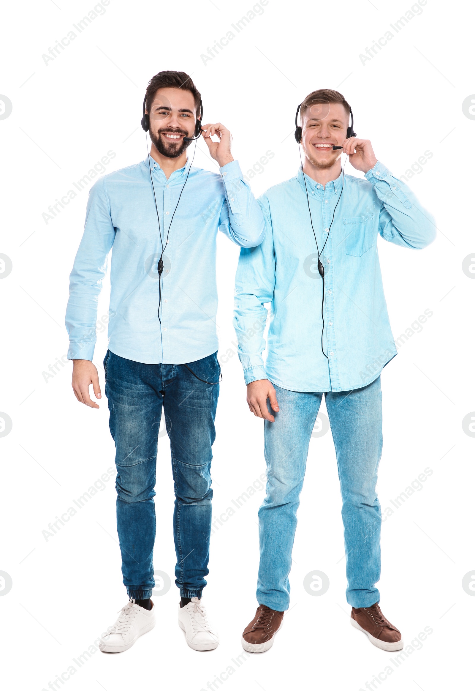 Photo of Technical support operators with headsets isolated on white