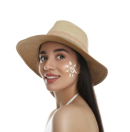 Photo of Young woman with sun protection cream on her face against white background