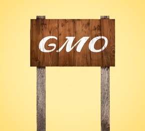 Image of Wooden sign with abbreviation GMO on beige background