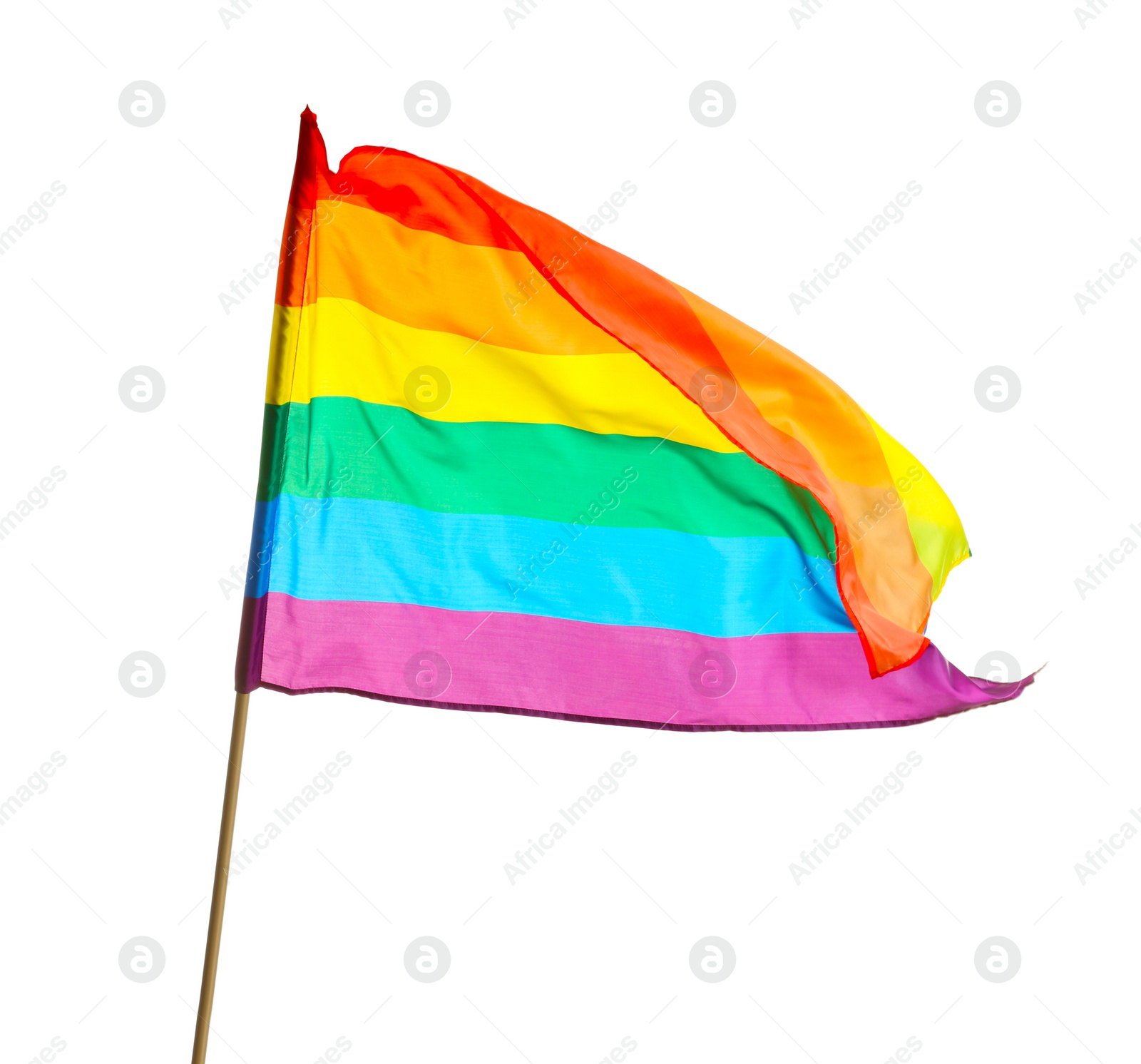 Photo of Bright rainbow gay flag on white background. LGBT community