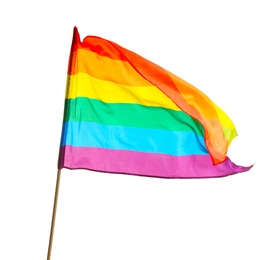 Photo of Bright rainbow gay flag on white background. LGBT community