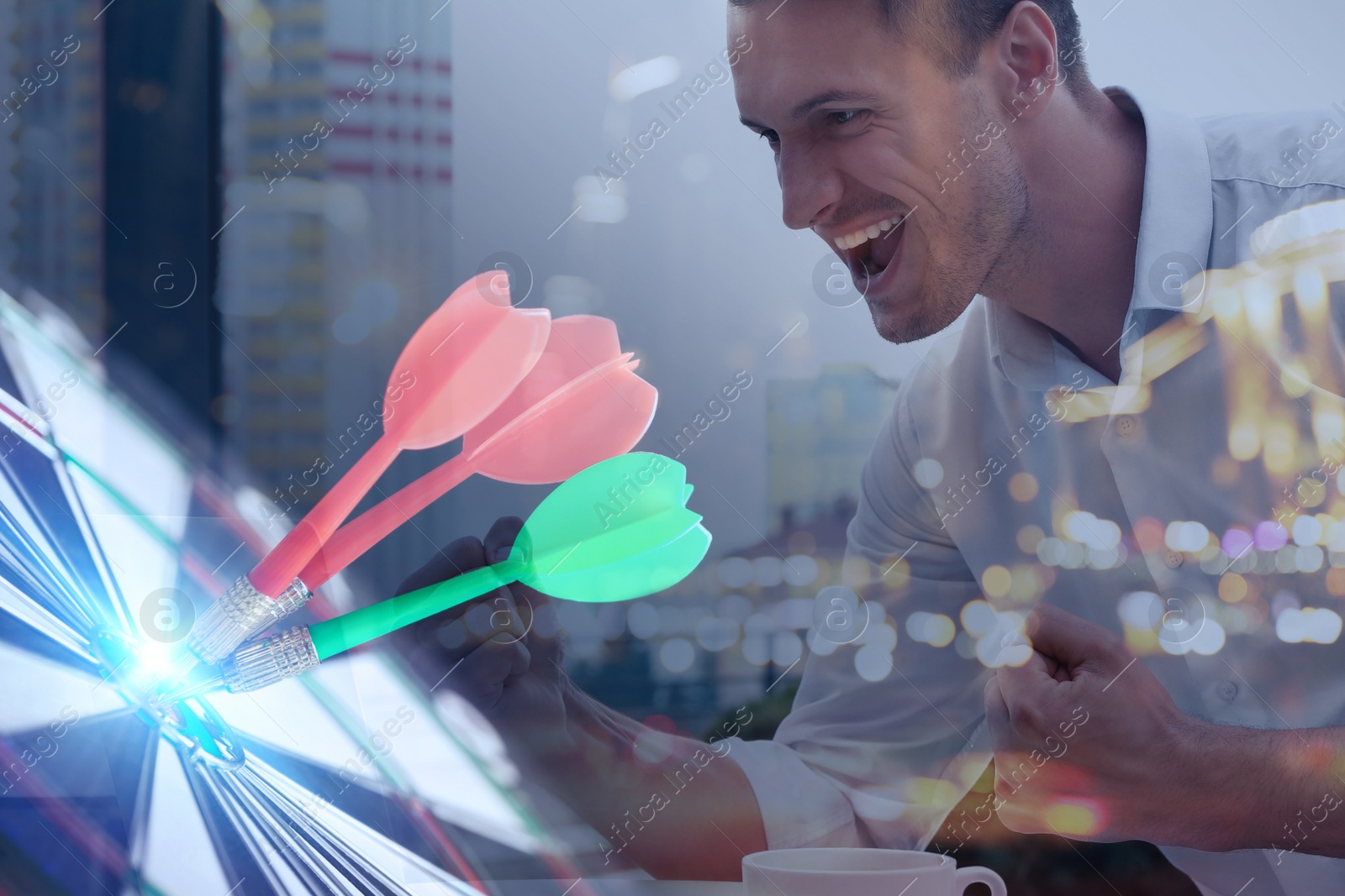 Image of Businessman working with laptop and dart board. Double exposure