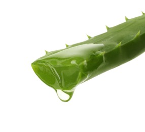 Photo of Aloe vera leaf with dripping juice on white background