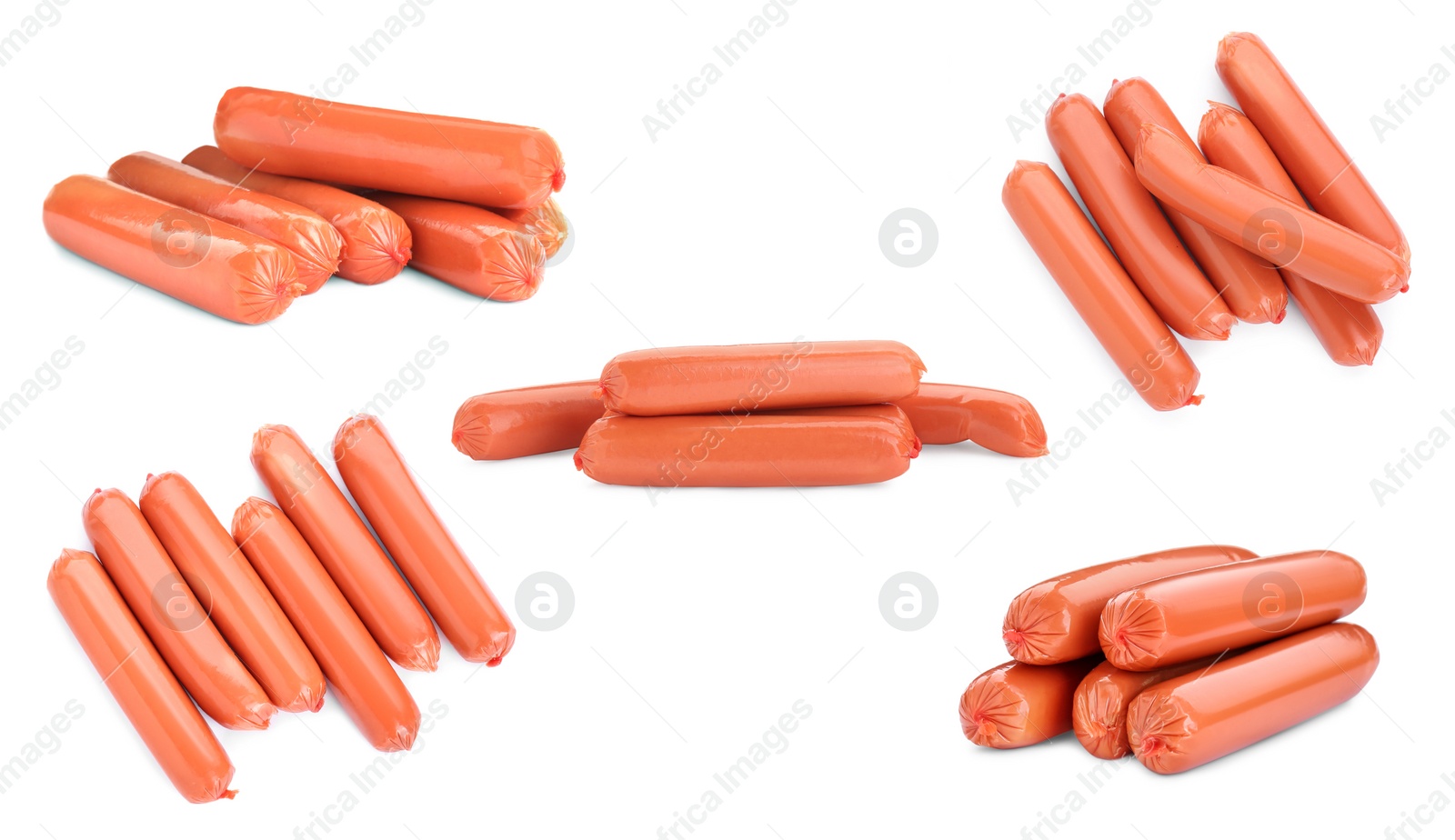 Image of Collage with fresh raw sausages on white background