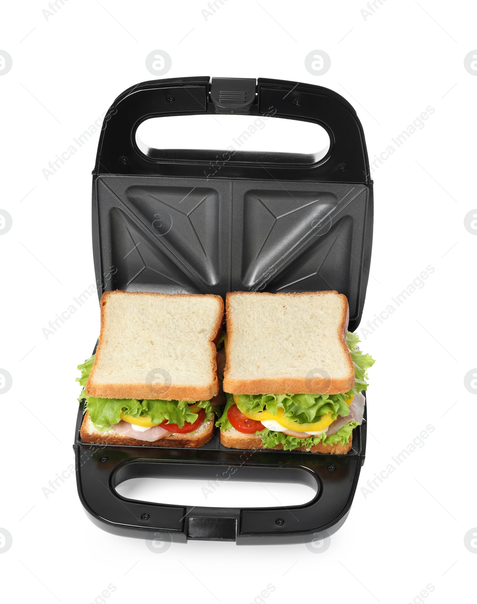 Photo of Modern grill maker with tasty sandwiches on white background