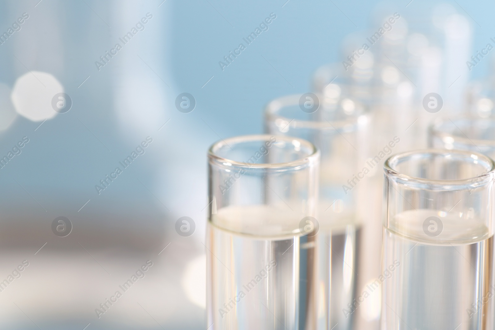 Photo of Laboratory analysis. Many glass test tubes on blurred background, closeup and space for text