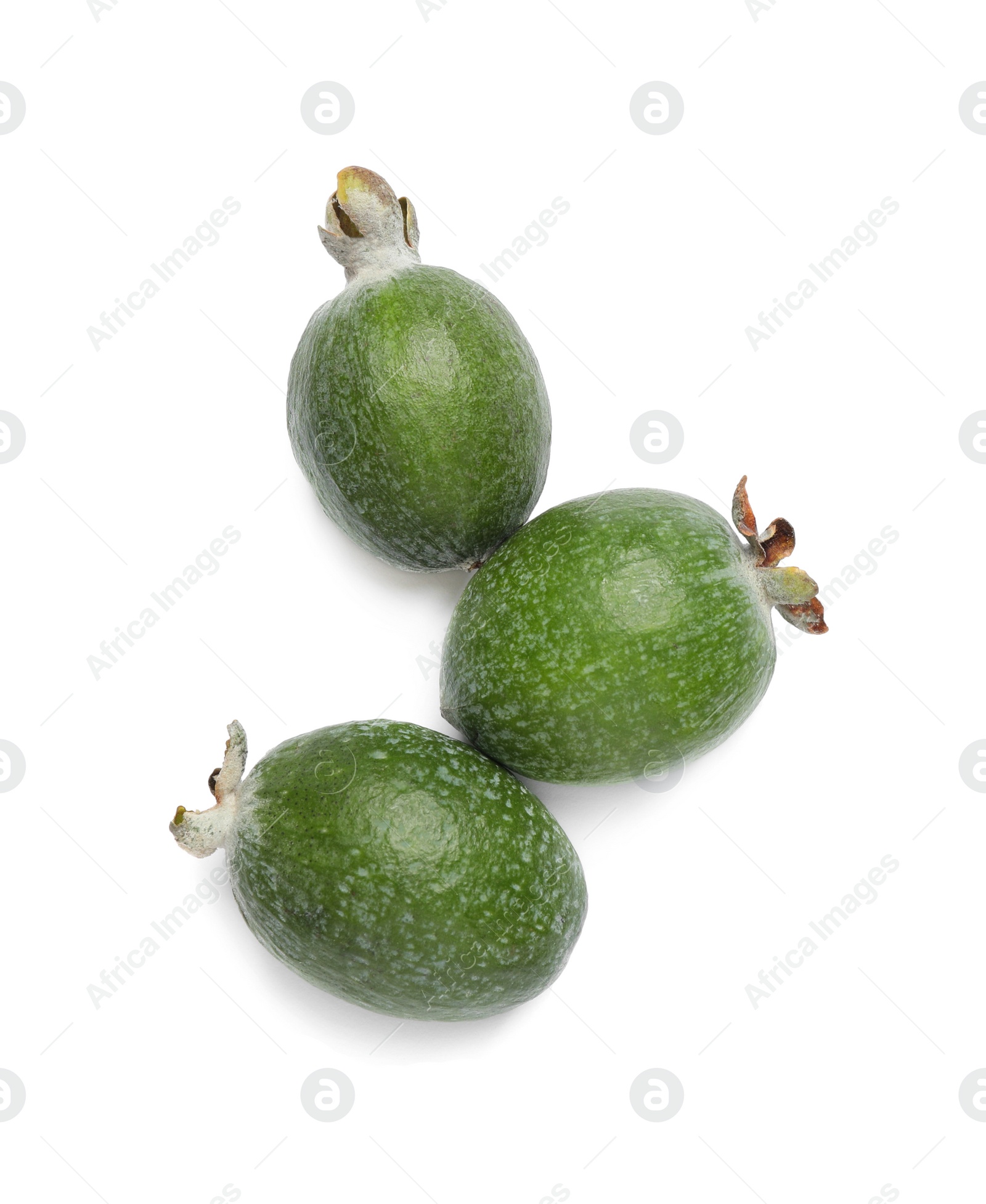 Photo of Delicious feijoas on white background, top view