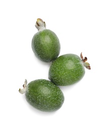 Delicious feijoas on white background, top view