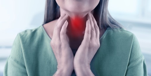 Image of Endocrine system. Woman doing thyroid self examination indoors, closeup. Banner design