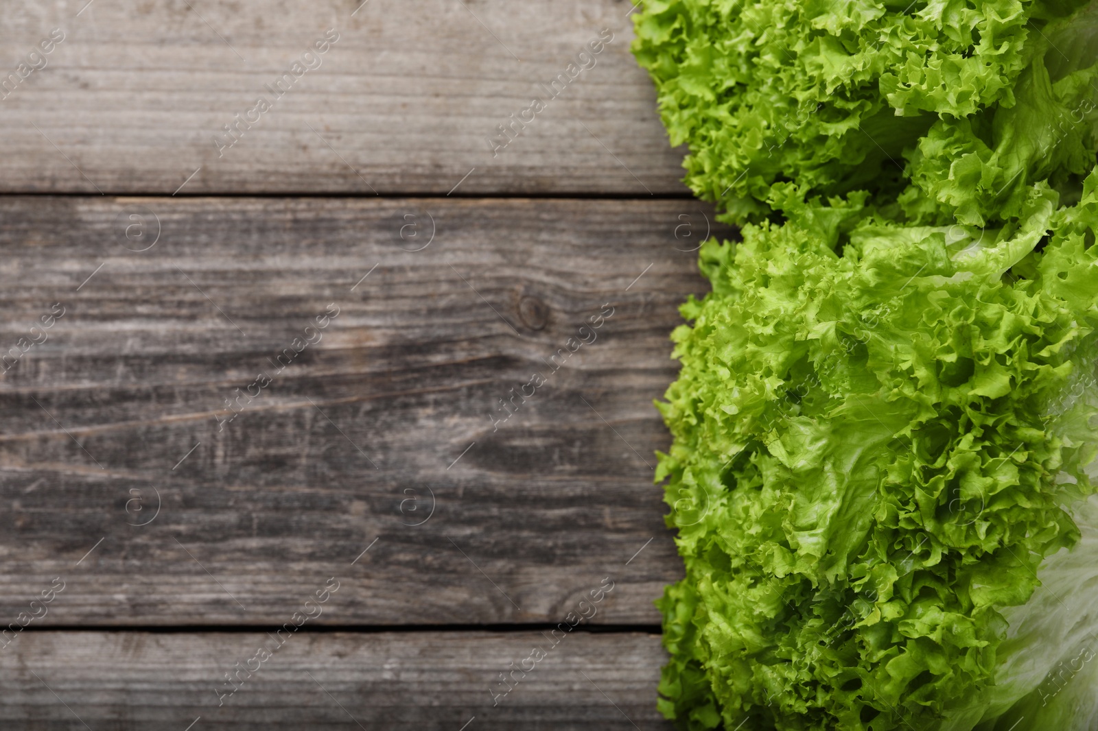 Photo of Fresh lettuce on wooden table, flat lay and space for text. Salad greens
